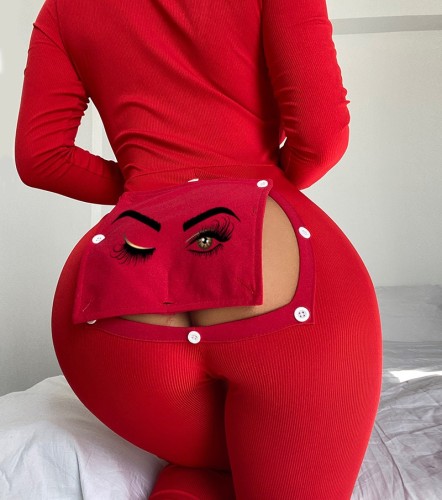 Red Butt Flap Print Pajamas Jumpsuit for Women