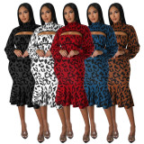 Leopard Print Puff Sleeve Shrug Top Strapless Mermaid Dress Two-Piece Set