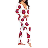 Print Long Sleeve Button Lounge Jumpsuit with Butt Flap