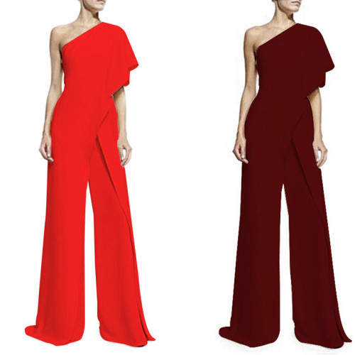Solid Sexy One Shoulder Wide Leg Jumpsuit