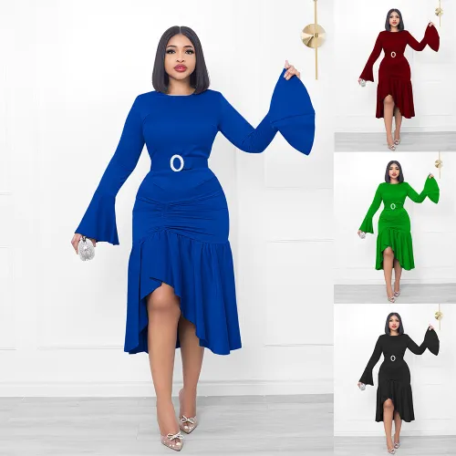 Elegant Bell Sleeve Ruched Belted Ruffles Irregular Dress