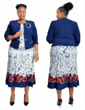 Plus Size African Style Print Dress + Blazer Two Piece Set