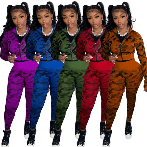 Camo Print Sexy Sports Tight Zipper Two Piece Pants Set