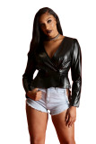 Sexy PU Leather V-Neck Long Sleeve Fashion Top