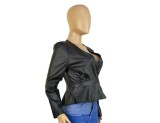 Sexy PU Leather V-Neck Long Sleeve Fashion Top