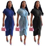 Stretchy Pleated Tie Waist Button Short Sleeve Denim Dress