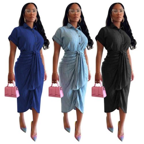 Stretchy Pleated Tie Waist Button Short Sleeve Denim Dress