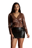 Sexy PU Leather V-Neck Long Sleeve Fashion Top