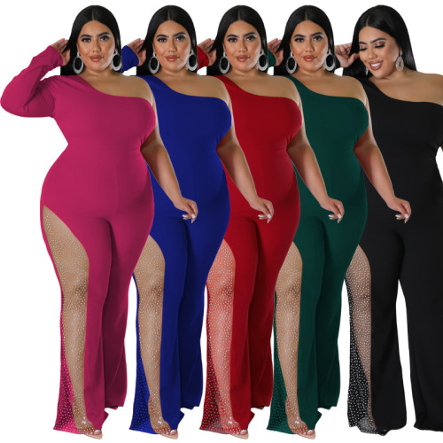 Plus Size Women's Sexy One Shoulder Single Sleeve Rhinestone Patchwork Jumpsuit