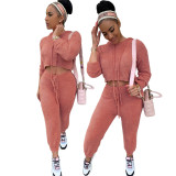 Pink Hooded Crop Top Two Piece Pants Set