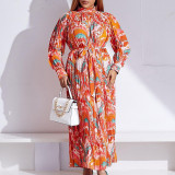 Floral Long Sleeve Printed Belted Pleated Maxi Dress