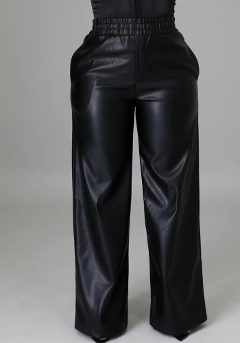 Solid Wide Leg Pu Leather Pants with Pockets