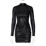 Solid Ruched Long-Sleeve Slim PU Leather Bodycon Dress