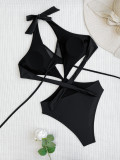 Black Halter Cut Out Mesh Patchwork One-piece Swimwear