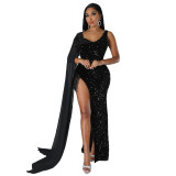 Sexy Sequin Tassel Slit Asymmetric Long Evening Dress