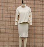 Solid Ribbed Casual Bat Sleeves Turtle Neck Top + Slit Skirt Two Piece Set