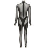 Sexy Black Mesh See-Through Patchwork Slim Long Sleeve Jumpsuit