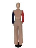 Contrast Color Tie Front Long Sleeve Crop Top & Wide Leg Pants 2PCS Set