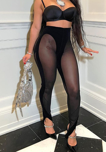 Sexy Black Mesh Patchwork See-Through Pants