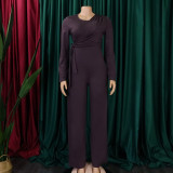 Solid Long Sleeve Ruched Wide Leg Jumpsuit