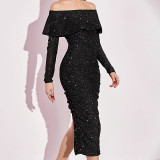 Black Shiny Off Shoulder Long Sleeve Slit Midi Dress