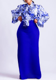 Printed Tie Neck Blouse and Long Solid Skirt Two-Piece Set
