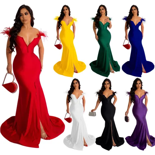 Solid Off Shoulder Slit Mermaid Evening Dress