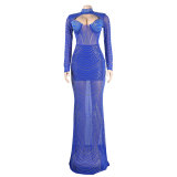 Rhinestone Mesh See-Through Cut Out Long Sleeve Evening Dress