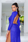 Blue Sequin Cutout Open Back Slit Long Sleeve Mock Neck Evening Dress