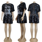 Female Short Sleeves Sequined Letter Loose Dress