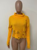 Solid Turtle Neck Knitting Tassel Ripped Cropped Sweater