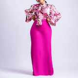 Printed Tie Neck Blouse and Long Solid Skirt Two-Piece Set