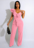 Solid Sexy Ruffle One Shoulder Asymmetric Deep V Loose Jumpsuit