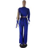 Solid Slit Long Sleeve Knot Top + Pants Two Piece Set