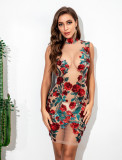 Sexy Floral Sequins See Through High Neck Club Dress