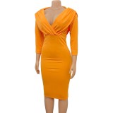 Solid V Neck 3/4 Sleeve Ruched Bodycon Sexy Dress