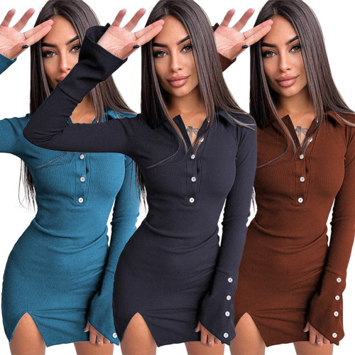 Solid Ribbed Button Slit Long Sleeve Turn Down Collar Dress