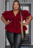 Plus Size Sexy V-Neck Ruffle Sleeves Ruched Blouse