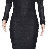 Black Shiny Off Shoulder Long Sleeve Slit Midi Dress