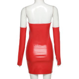 Fashion PU Leather Strapless Sexy Nightclub Bodycon Dress with Gloves