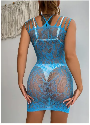 Blue Hollow Out Lace Sleveless Bodycon Mini Dress Sexy Lingerie