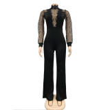 Sequin Lace Patchwork Long Sleeve See-Through Tie Jumpsuit