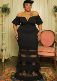 Sexy See-Through Short Sleeve Off Shoulder Plus Size Maxi Dress