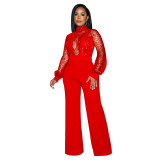 Sequin Lace Patchwork Long Sleeve See-Through Tie Jumpsuit