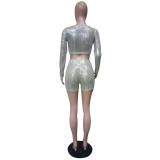 Sexy Sequin Long SLeeve Crop Top  + Shorts Bodycon 2PCS Set