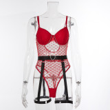 Red Heart Jacquard Lace See-Through Chain Sexy Teddies Lingerie