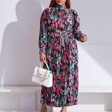 Floral Long Sleeve Printed Belted Pleated Maxi Dress