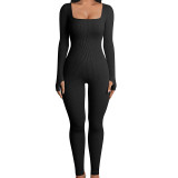 Sexy Ribbed Square Neck Long Sleeve Slim Jumpsuit