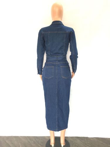 Blue Denim Dress Slim Fit Long Sleeve Button Midi Dress