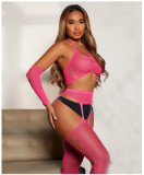 Hot Pink Hollow Mesh Sexy Lingerie Set including Gloves